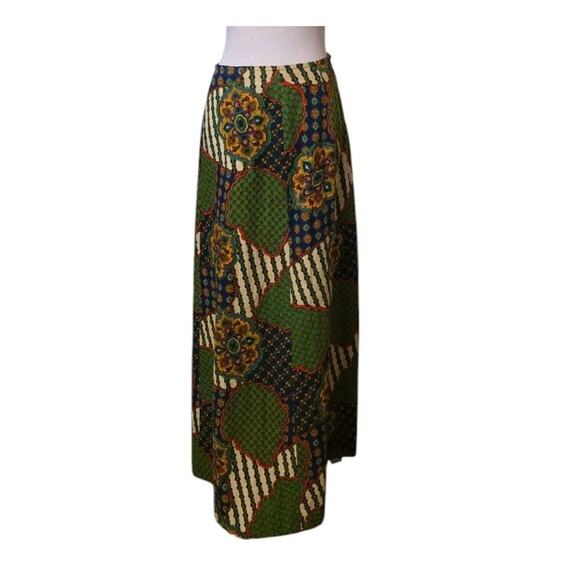 Vintage Ankara Maxi Skirt Sz 10 Green Floral Geometric Patchwork Print - Picture 1 of 7